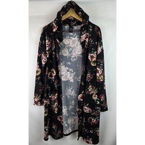 Lildy Women's Cardigan Size L - XL Black Floral Open Front Hooded Duster Kimono
